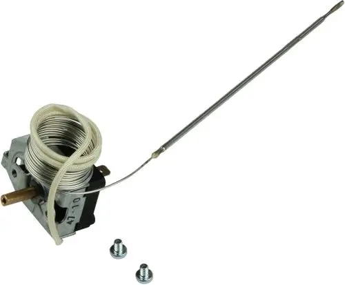 Thermostat von Bosch mit einer metallischen Feder und einem langen Sensorrohr. Neben dem Thermostat sind zwei Schrauben sichtbar.